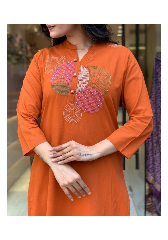 Malishka Export طقم كورتا بنطال من رايون برتقالي مزخرف للنساء - Image 5